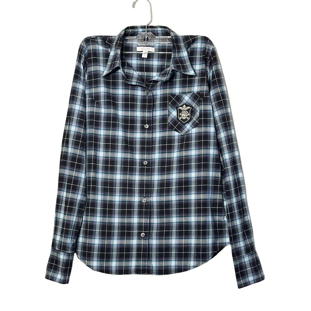 Lot of 2 Delia's Y2K Long Sleeve Plaid Shirts Skull Crossbones Halloween Medium